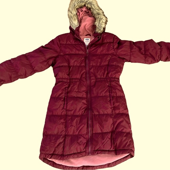 NWOT Old Navy Youth Frost-Free Sherpa Lined Burgundy Long Coat/Hooded/Pockets XL